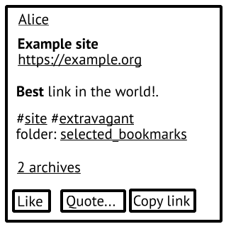 A bookmark, resembling a microblog post but with a title and a link attached to the top.